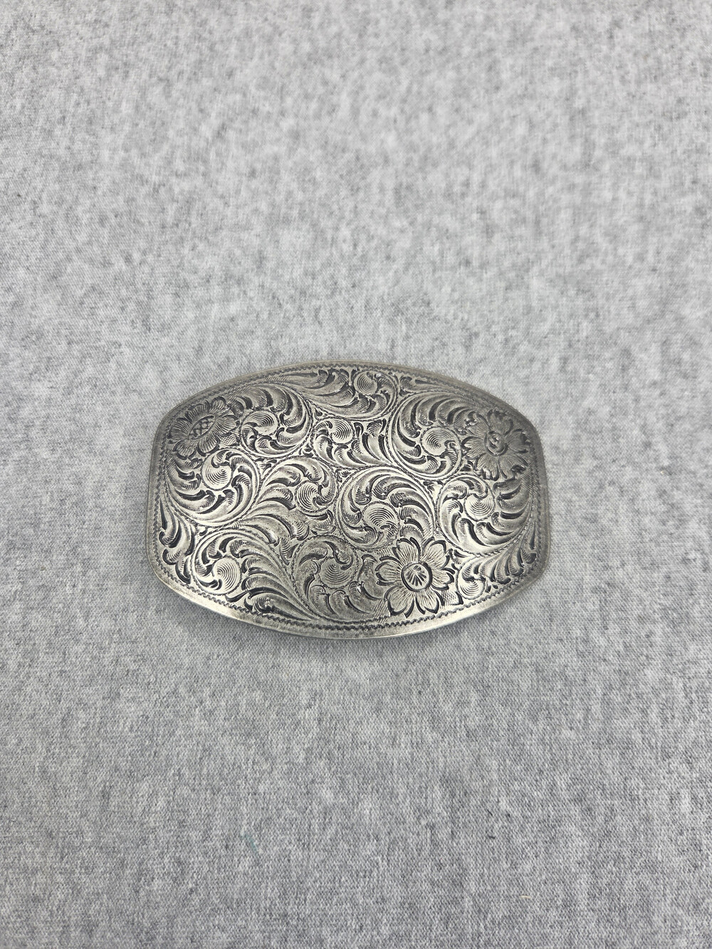 Vintage 1994 Womens Southwestern Leather Belt Buckle Pewter Floral Filigree